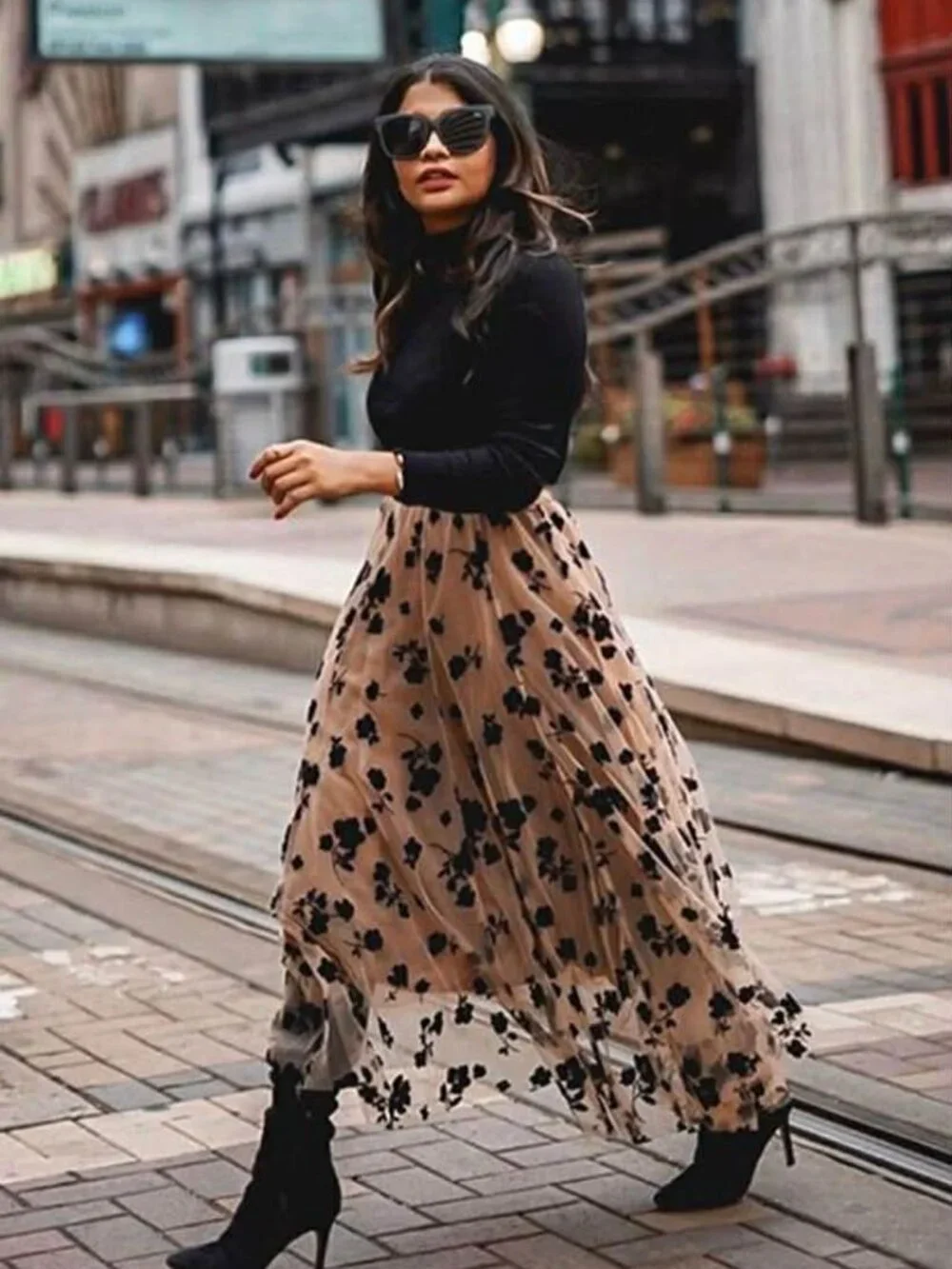 Chicwish 3D Posy Double-Layered Mesh Midi Skirt in Caramel L/XL